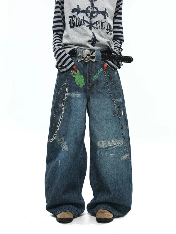 Distressed Graffiti Print Wide Leg Jeans Pants 2