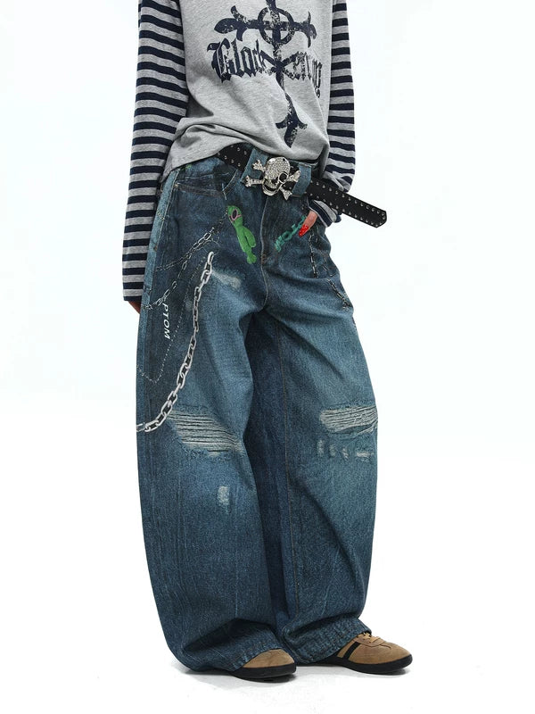 Distressed Graffiti Print Wide Leg Jeans Pants 3