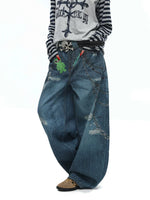 Distressed Graffiti Print Wide Leg Jeans Pants 4