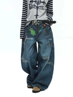 Distressed Graffiti Print Wide Leg Jeans Pants 5