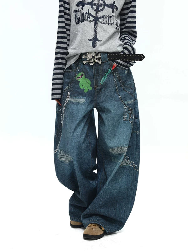 Distressed Graffiti Print Wide Leg Jeans Pants 5