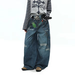6180845675661,6180845675662,6180845675663,6180845675664,6180845675665, Distressed Graffiti Print Wide Leg Jeans Pants