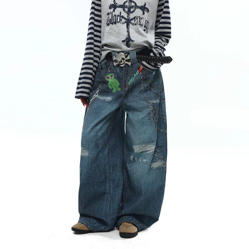 6180845675661,6180845675662,6180845675663,6180845675664,6180845675665, Distressed Graffiti Print Wide Leg Jeans Pants
