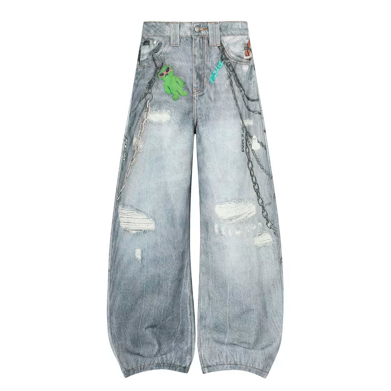 6180845675666,6180845675667,6180845675668,6180845675669,6180845675670, Distressed Graffiti Print Wide Leg Jeans Pants