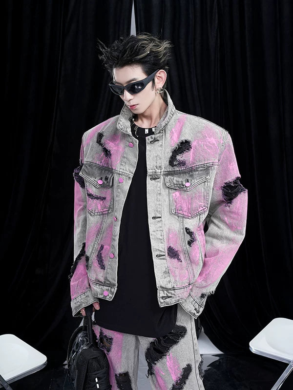 Distressed Graffiti Washed Denim Jacket 4