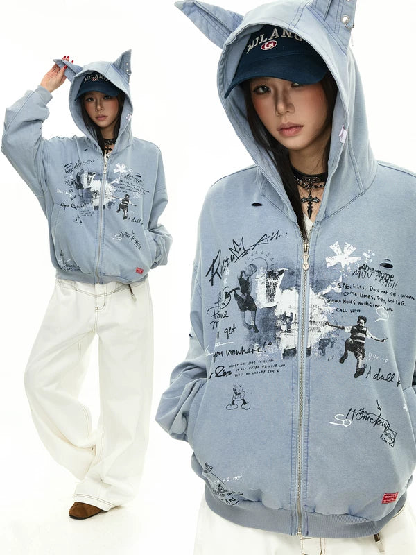 Distressed Graffiti Zip Hoodie with Ear Hood 1