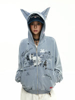 Distressed Graffiti Zip Hoodie with Ear Hood 2