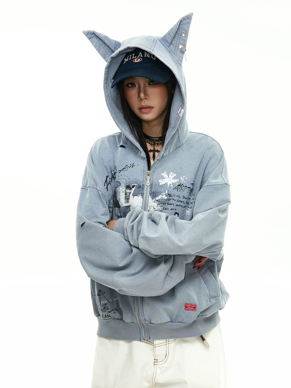 Distressed Graffiti Zip Hoodie with Ear Hood 3