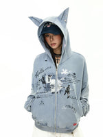 Distressed Graffiti Zip Hoodie with Ear Hood 4
