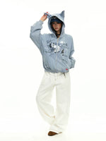 Distressed Graffiti Zip Hoodie with Ear Hood 5