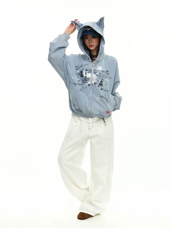 Distressed Graffiti Zip Hoodie with Ear Hood 5