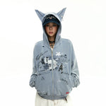 6198213827013,6198213827014,6198213827015,6198213827016, Distressed Graffiti Zip Hoodie with Ear Hood