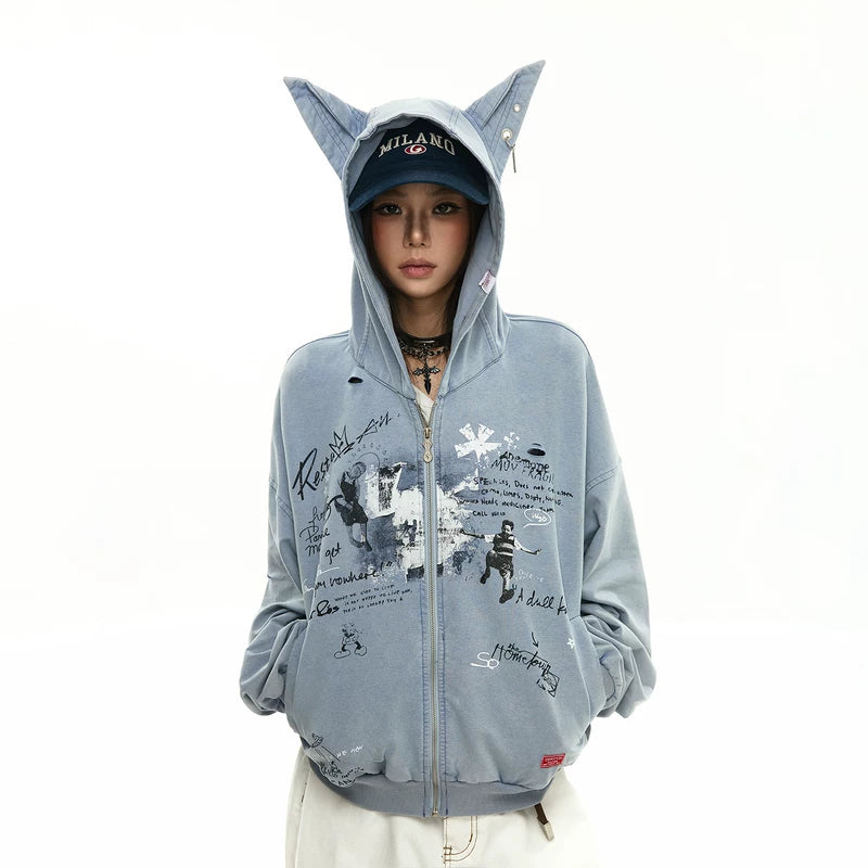 6198213827013,6198213827014,6198213827015,6198213827016, Distressed Graffiti Zip Hoodie with Ear Hood