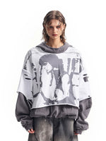 Distressed Graphic Faux Two-Piece Pullover Hoodie 1