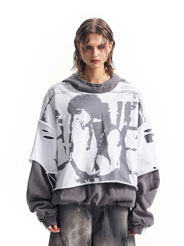 Distressed Graphic Faux Two-Piece Pullover Hoodie 1