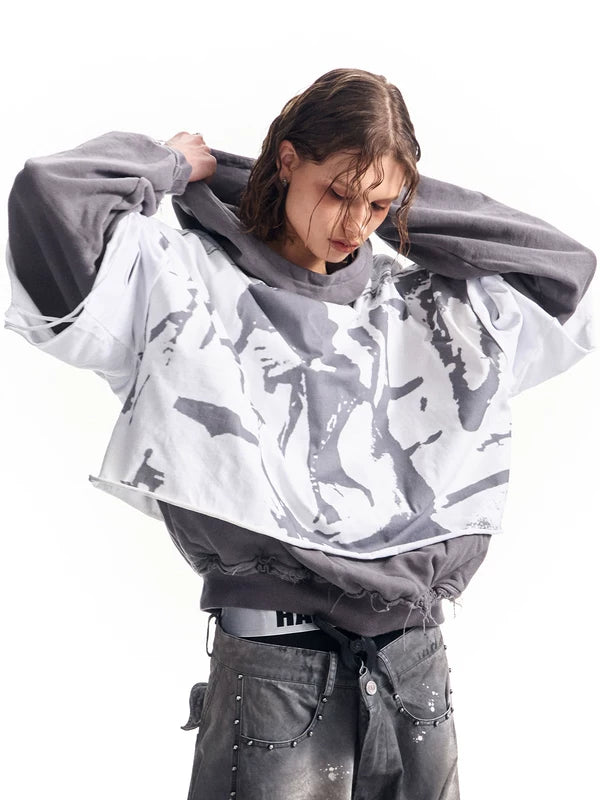 Distressed Graphic Faux Two-Piece Pullover Hoodie 3