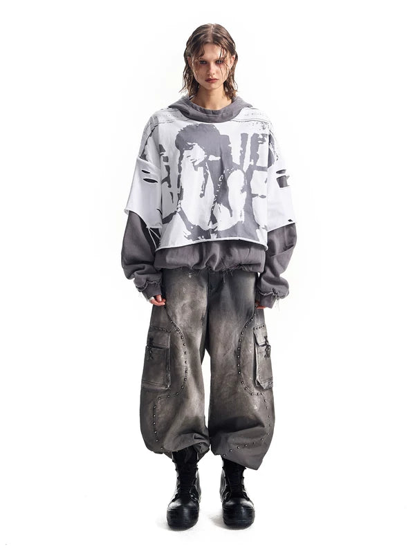 Distressed Graphic Faux Two-Piece Pullover Hoodie 4