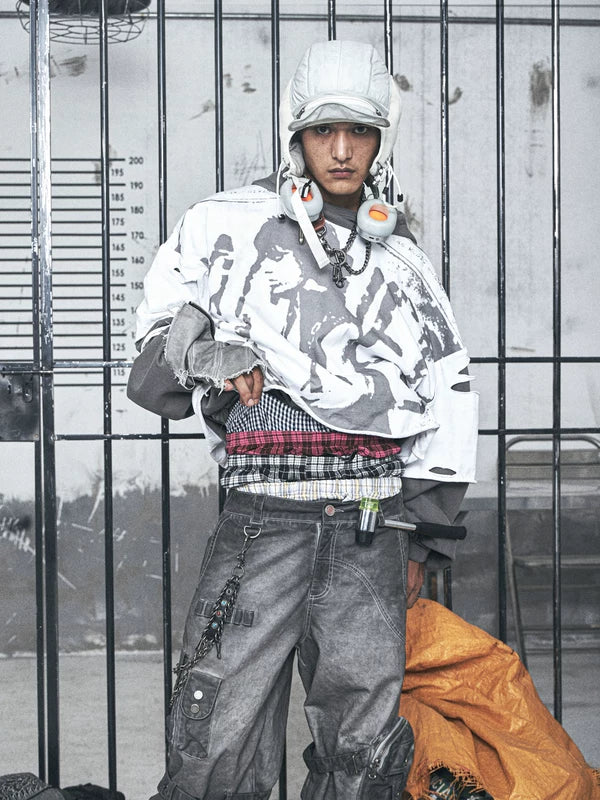 Distressed Graphic Faux Two-Piece Pullover Hoodie 5