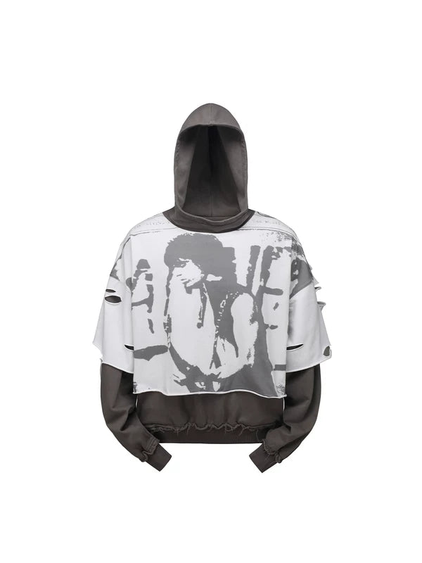 5574232356438,5574232356439,5574232356440, Distressed Graphic Faux Two-Piece Pullover Hoodie