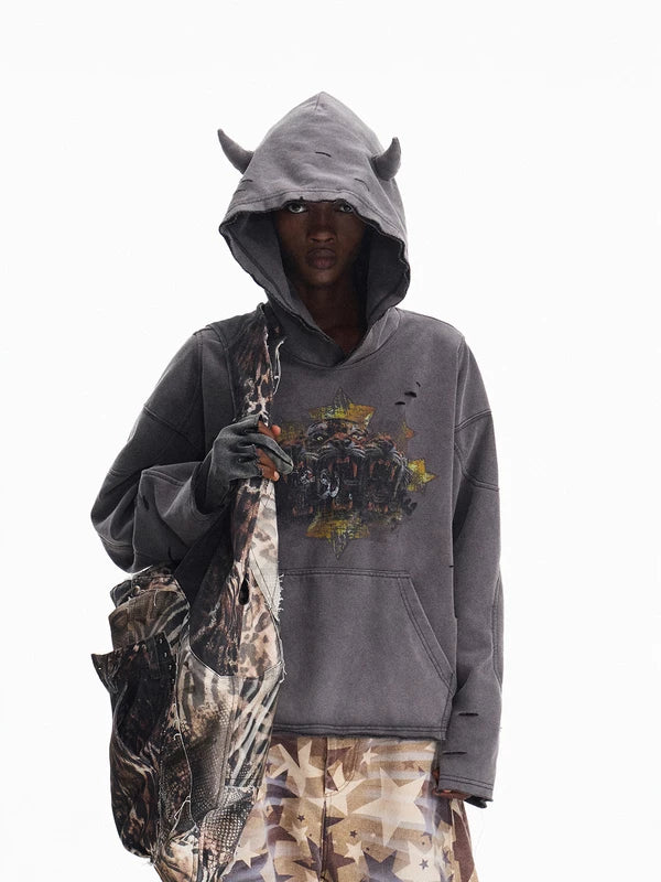 ,6102436675470,6102436675471,6102436675472, Distressed Graphic Hoodie with Horned Hood