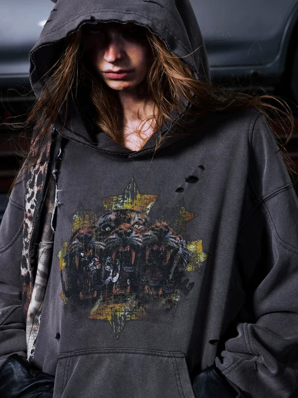 Distressed Graphic Hoodie with Horned Hood 4