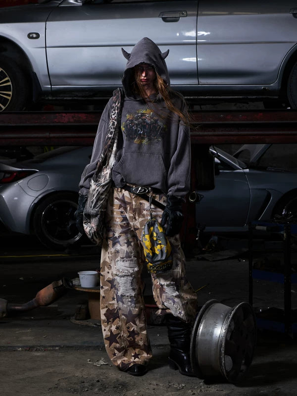 Distressed Graphic Hoodie with Horned Hood 5