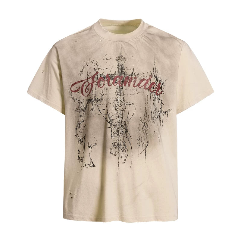 6096059473608,6096059473609,6096059473610,6096059473611, Distressed Graphic Print Short-Sleeve T-Shirt