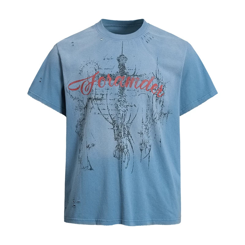 6096059473612,6096059473613,6096059473614,6096059473615, Distressed Graphic Print Short-Sleeve T-Shirt