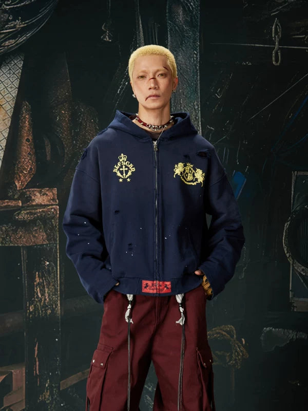 Distressed Graphic Zip-Up Hooded Sweatshirt 1
