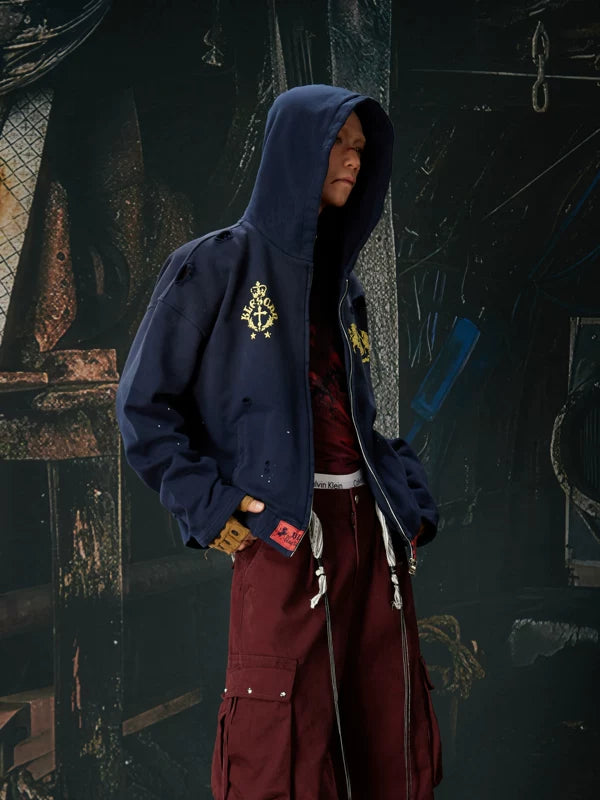 Distressed Graphic Zip-Up Hooded Sweatshirt 3