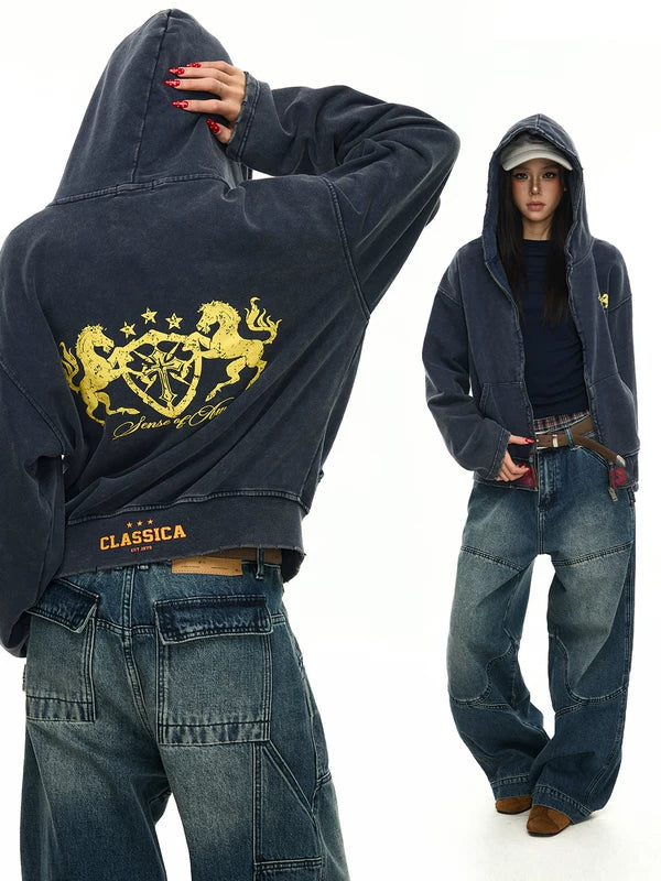 Distressed Graphic Zip-Up Hoodie 1