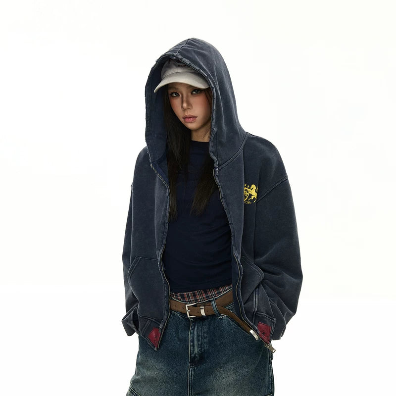 6033335461994,6033335461995,6033335461996,6033335461997, Distressed Graphic Zip-Up Hoodie