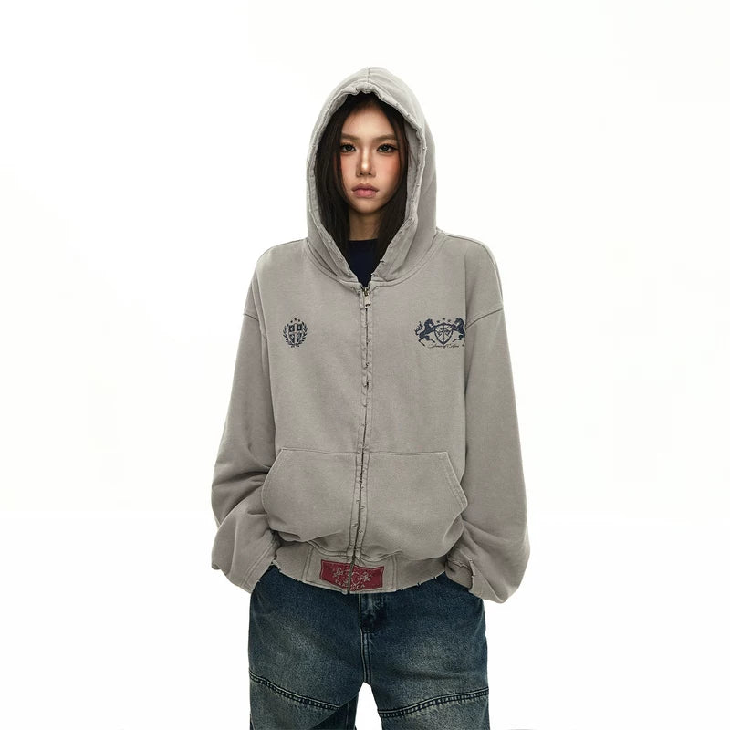 6033335461998,6033335461999,6033335462000,6033335797001, Distressed Graphic Zip-Up Hoodie