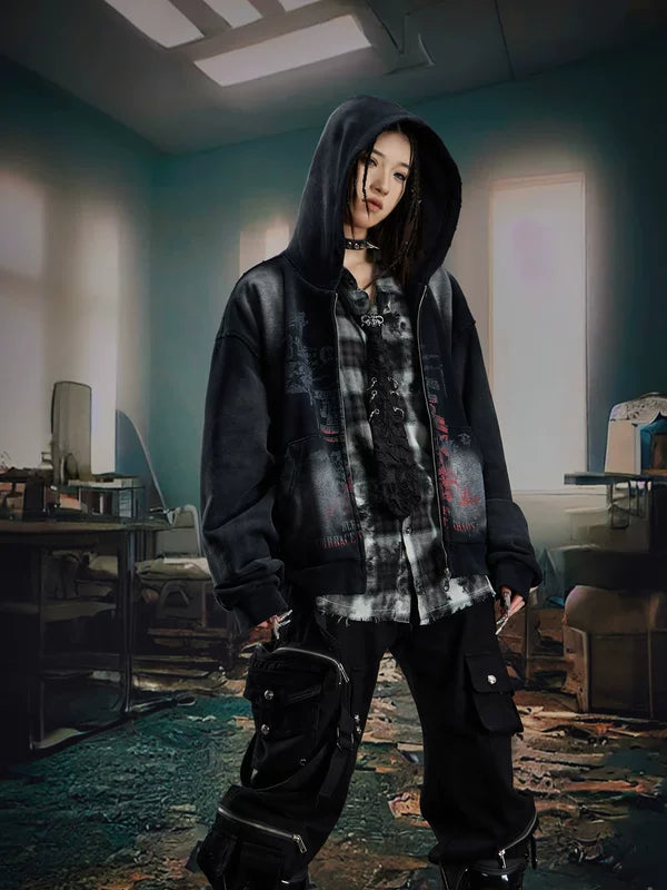 Distressed Graphic Zip Up Hoodie Jacket 2