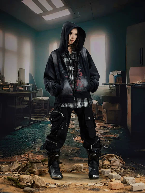 Distressed Graphic Zip Up Hoodie Jacket 5