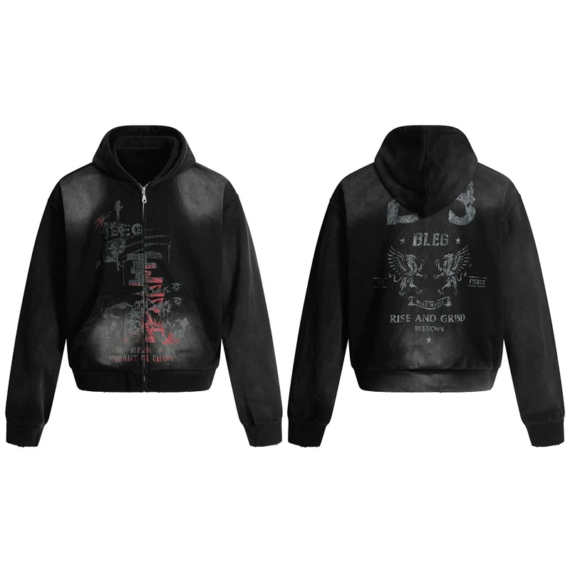 6055384986520,6055384986521,6055384986522,6055384986523, Distressed Graphic Zip Up Hoodie Jacket