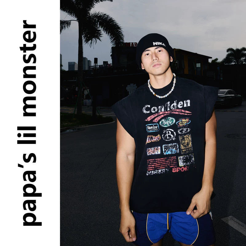 6105826621718,6105826621720,6105826621722, Distressed Heavyweight Cotton Graphic Sleeveless Vest