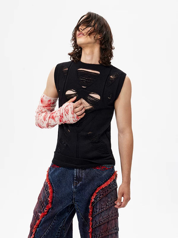 Distressed Hollow-Out Knit Sweater Vest 2