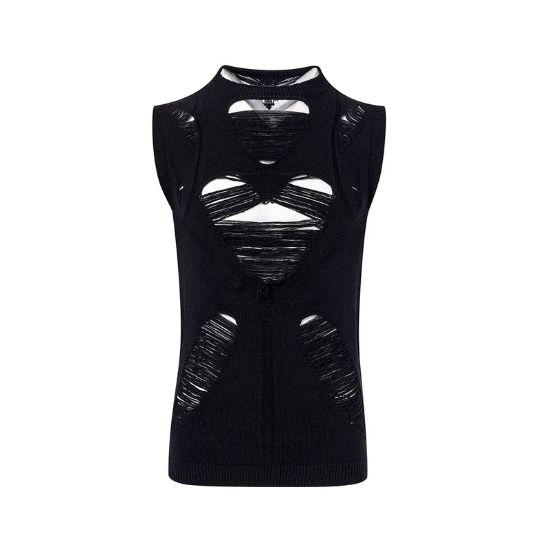 5956322454227,5956322454228,5956322454229,5956322454230, Distressed Hollow-Out Knit Sweater Vest