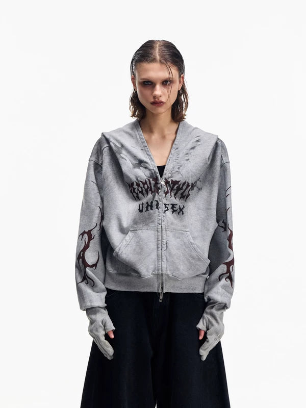 Distressed Hooded Zip Hoodie with Face Mask 2
