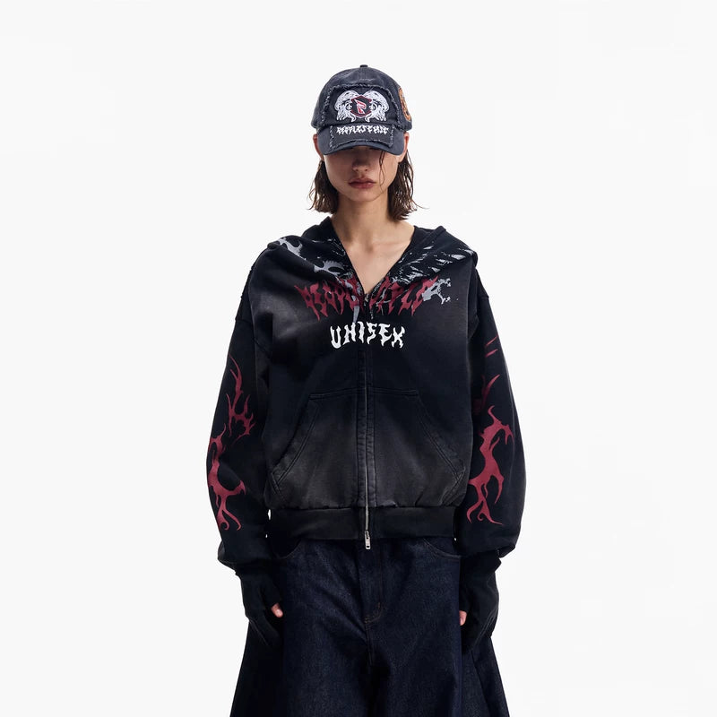 5856772317714,5856772317716,5856772317718, Distressed Hooded Zip Hoodie with Face Mask