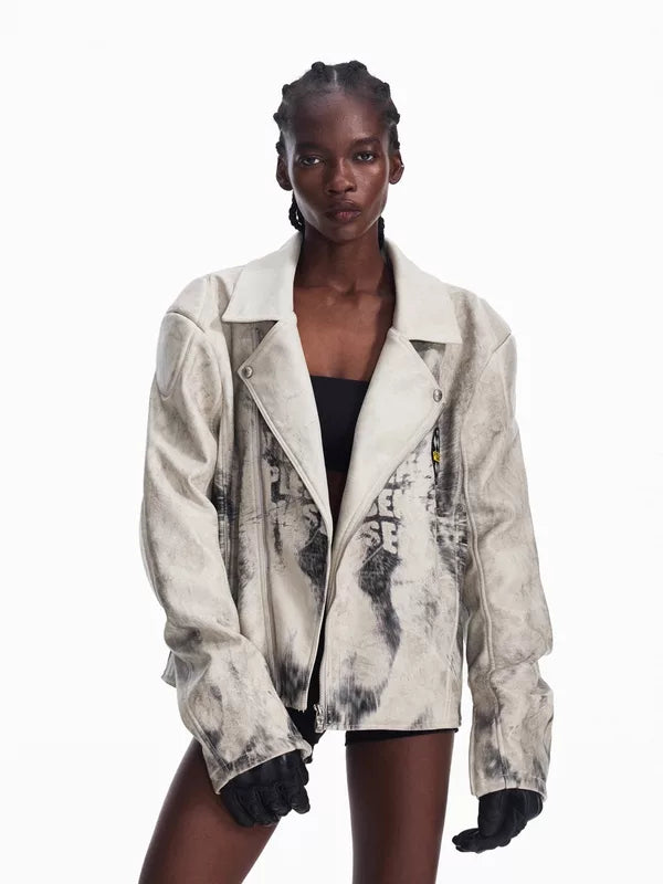 Distressed Ink Splatter Leather Motorcycle Jacket 2