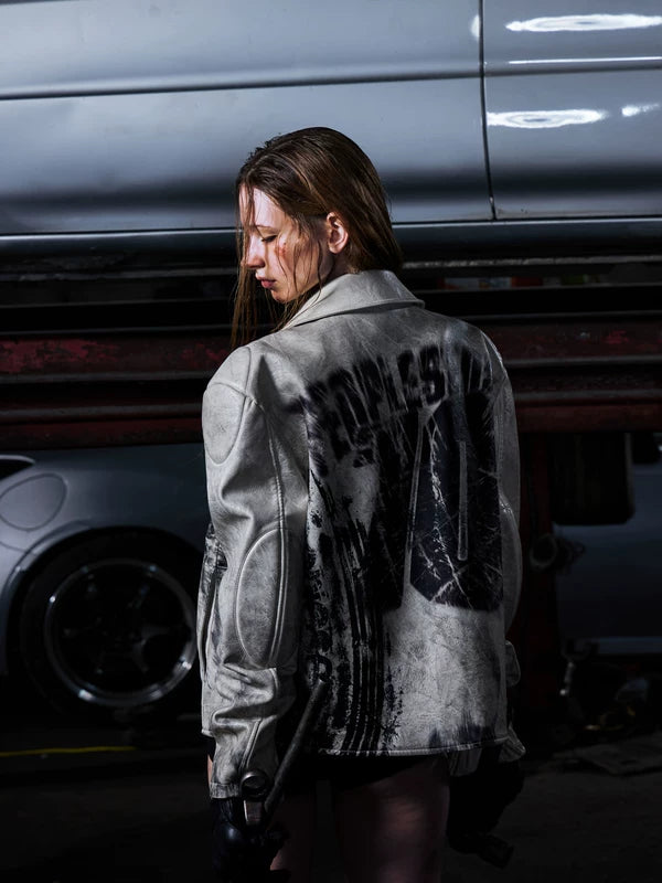 Distressed Ink Splatter Leather Motorcycle Jacket 3