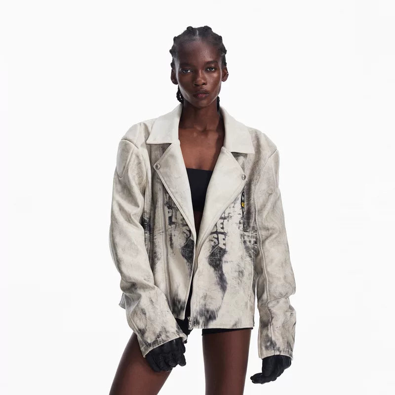 6102594299902,6102594299903,6102594299904, Distressed Ink Splatter Leather Motorcycle Jacket