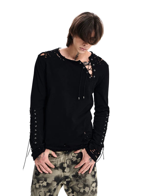 Distressed Lace-Up Long-Sleeve T-Shirt 1