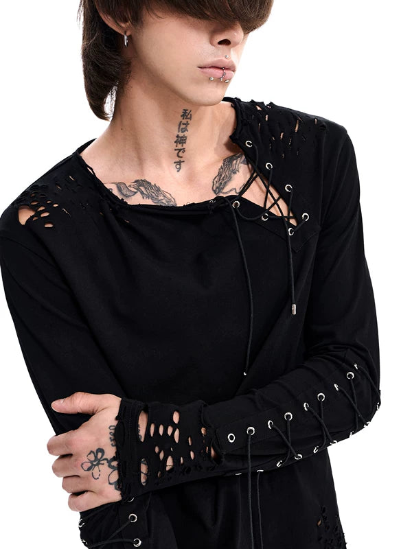Distressed Lace-Up Long-Sleeve T-Shirt 2