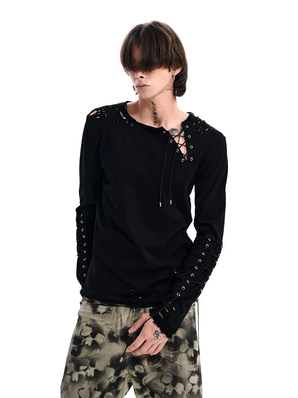 Distressed Lace-Up Long-Sleeve T-Shirt 3