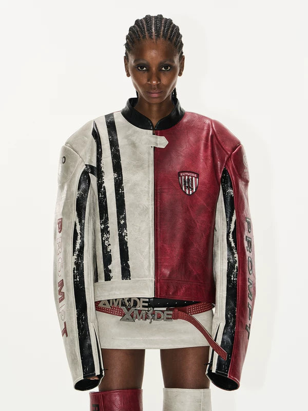 Distressed Leather Colorblock Sports Jacket 1