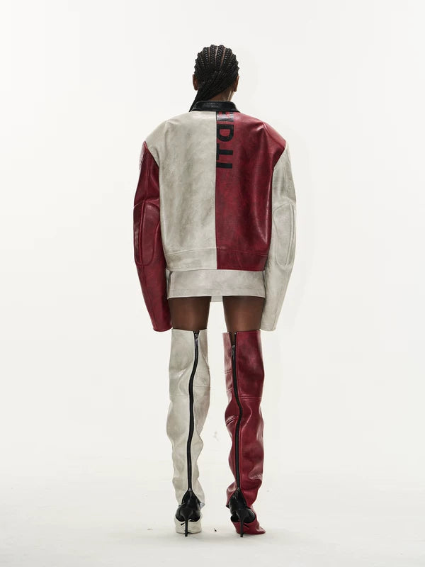 Distressed Leather Colorblock Sports Jacket 2