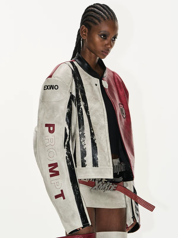Distressed Leather Colorblock Sports Jacket 4